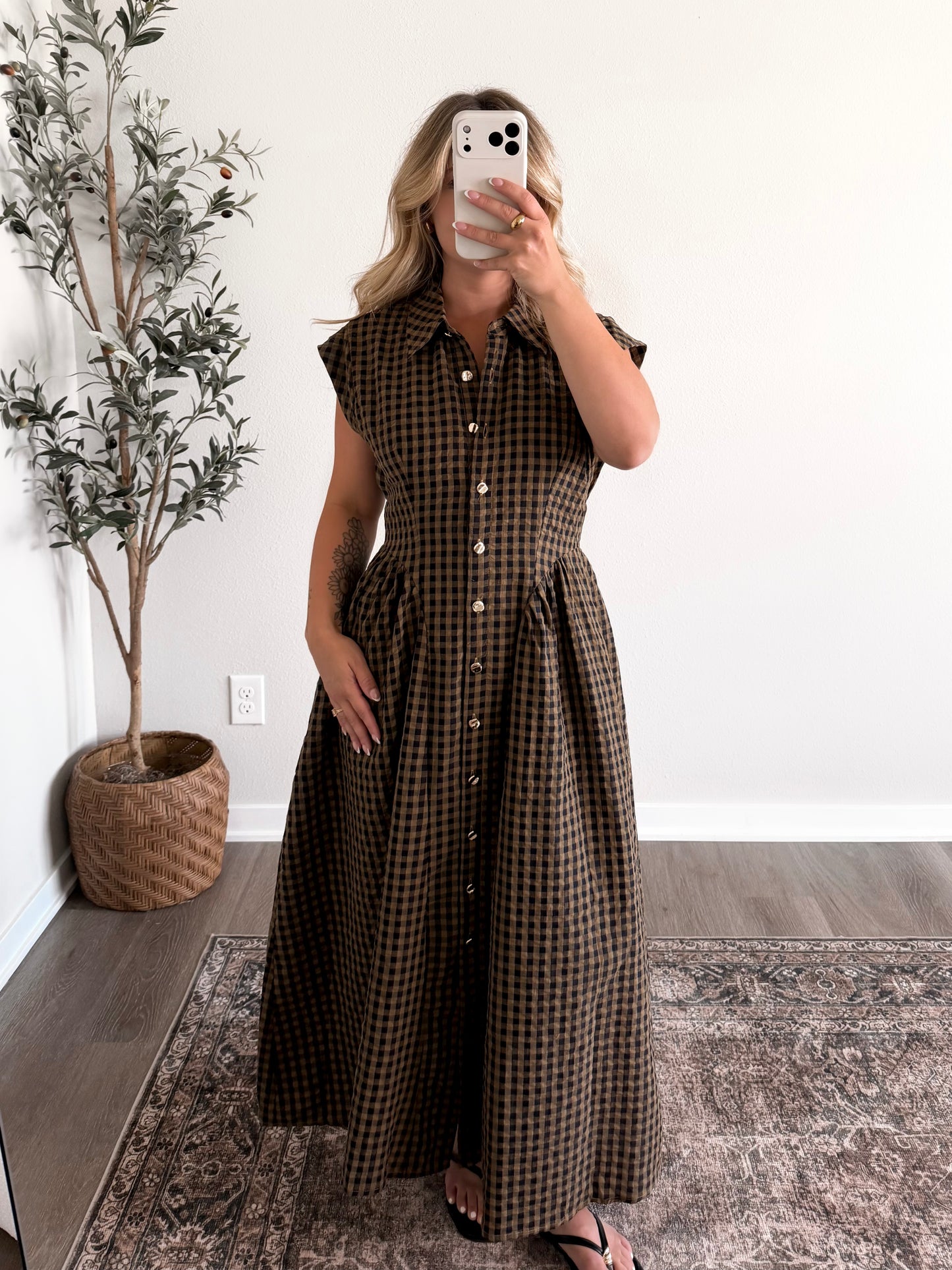 Turning Leaves Gingham Midi Dress