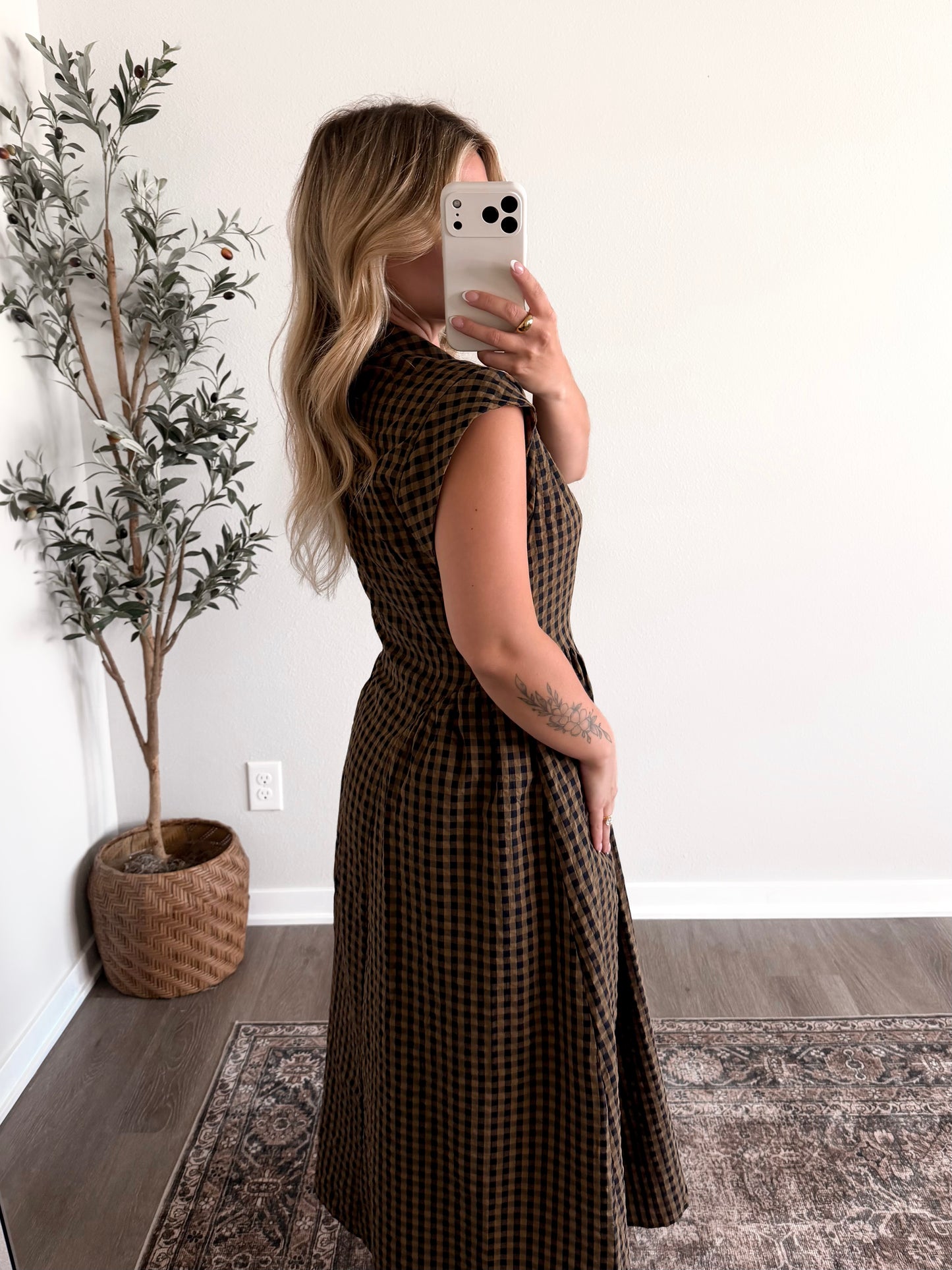 Turning Leaves Gingham Midi Dress
