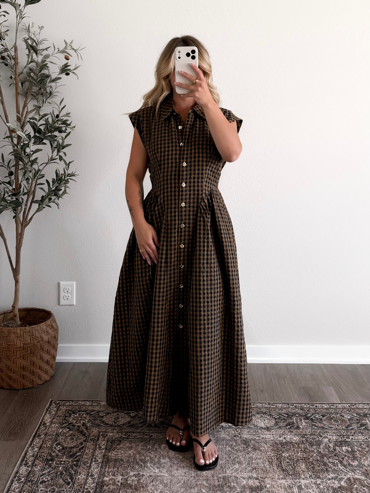 Turning Leaves Gingham Midi Dress