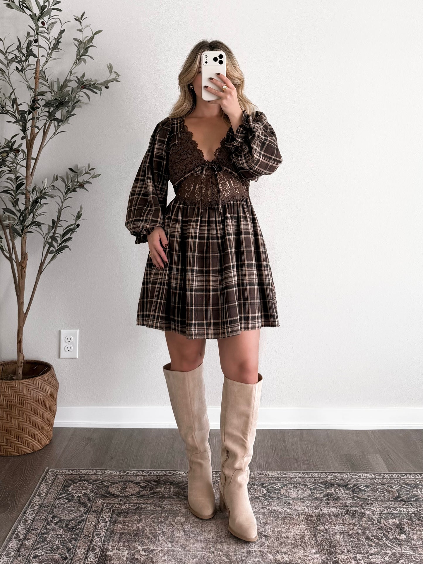 Hazelnut Waldorf Plaid Lace Dress