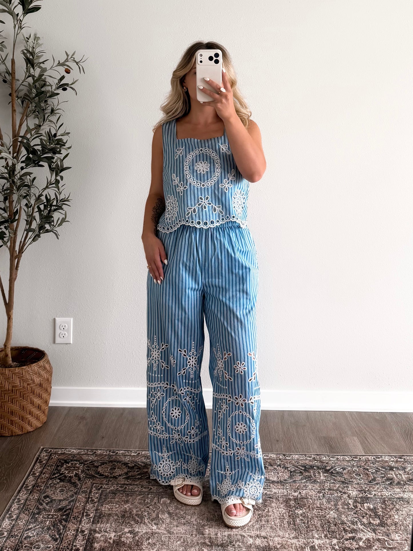 Capri Eyelet Striped Pant Set
