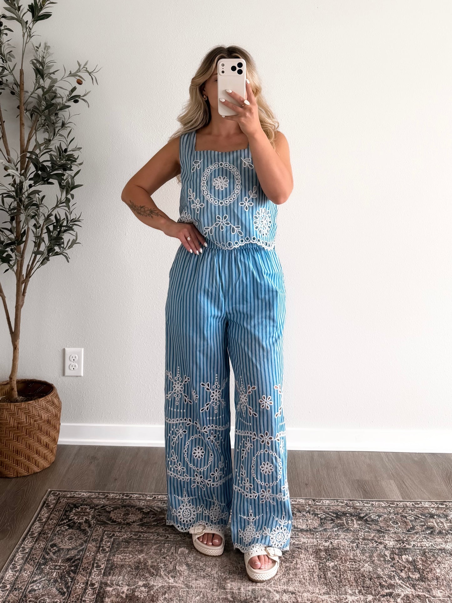 Capri Eyelet Striped Pant Set