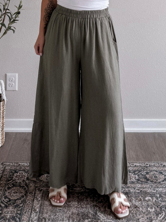 Elle Linen Wide Leg Pant / Olive