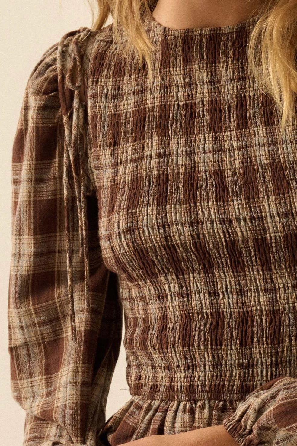 Leaves Falling Plaid Smocked Top (Restocking Soon)