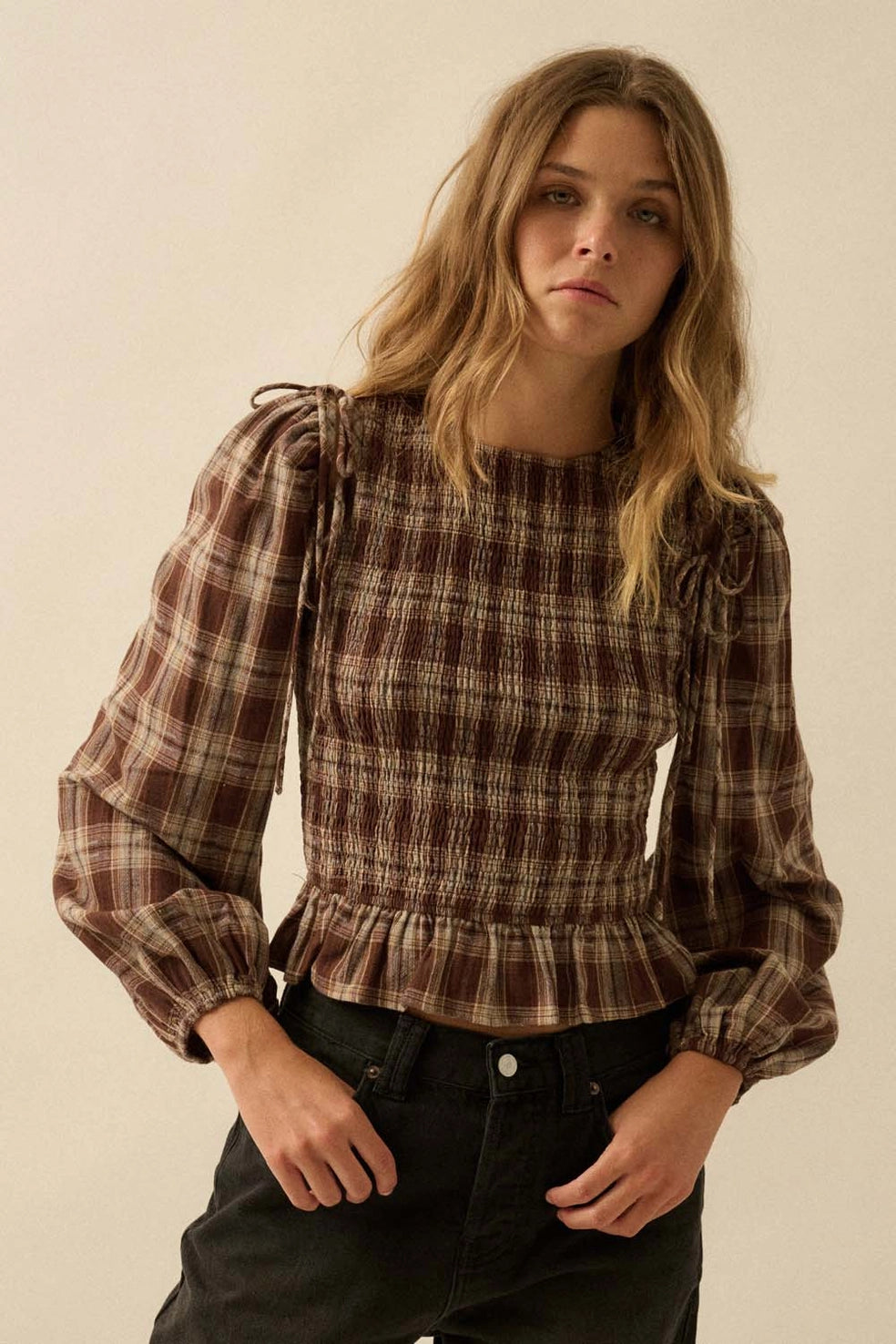 Leaves Falling Plaid Smocked Top (Restocking Soon)