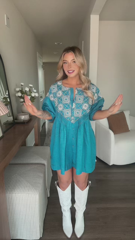 Indigo Embroidered Babydoll Romper
